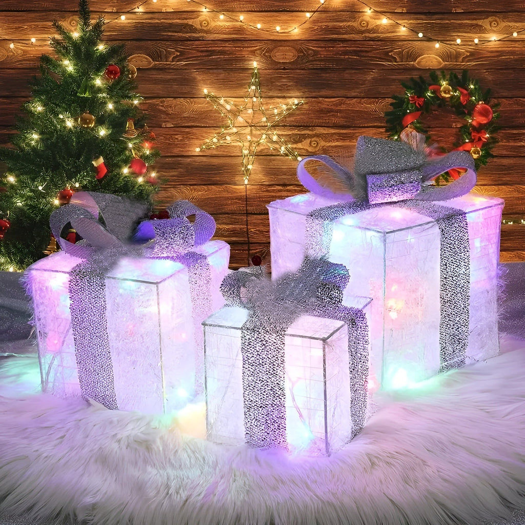 Scatole regalo natalizie luminose – Set da 3 scatole decorative | Con luci bianche calde e colorate per un'atmosfera festiva in casa