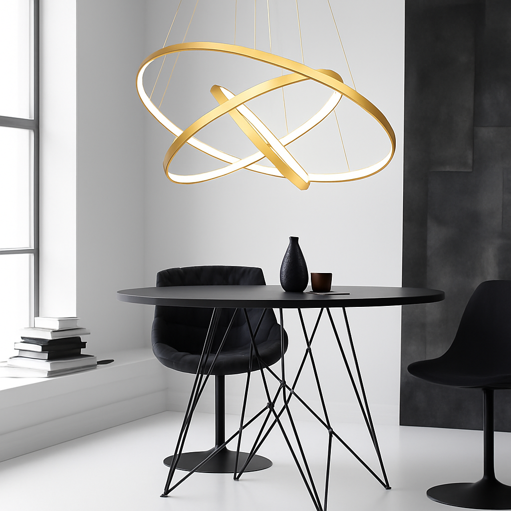Design del lampadario con anelli intrecciati sospesi a LED