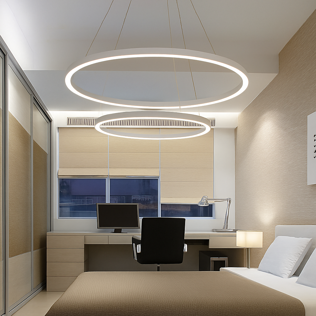 Design del lampadario con anelli intrecciati sospesi a LED