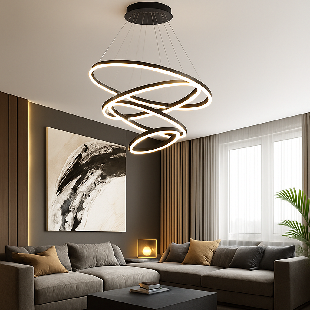 Design del lampadario con cerchi intrecciati (nero o bianco)