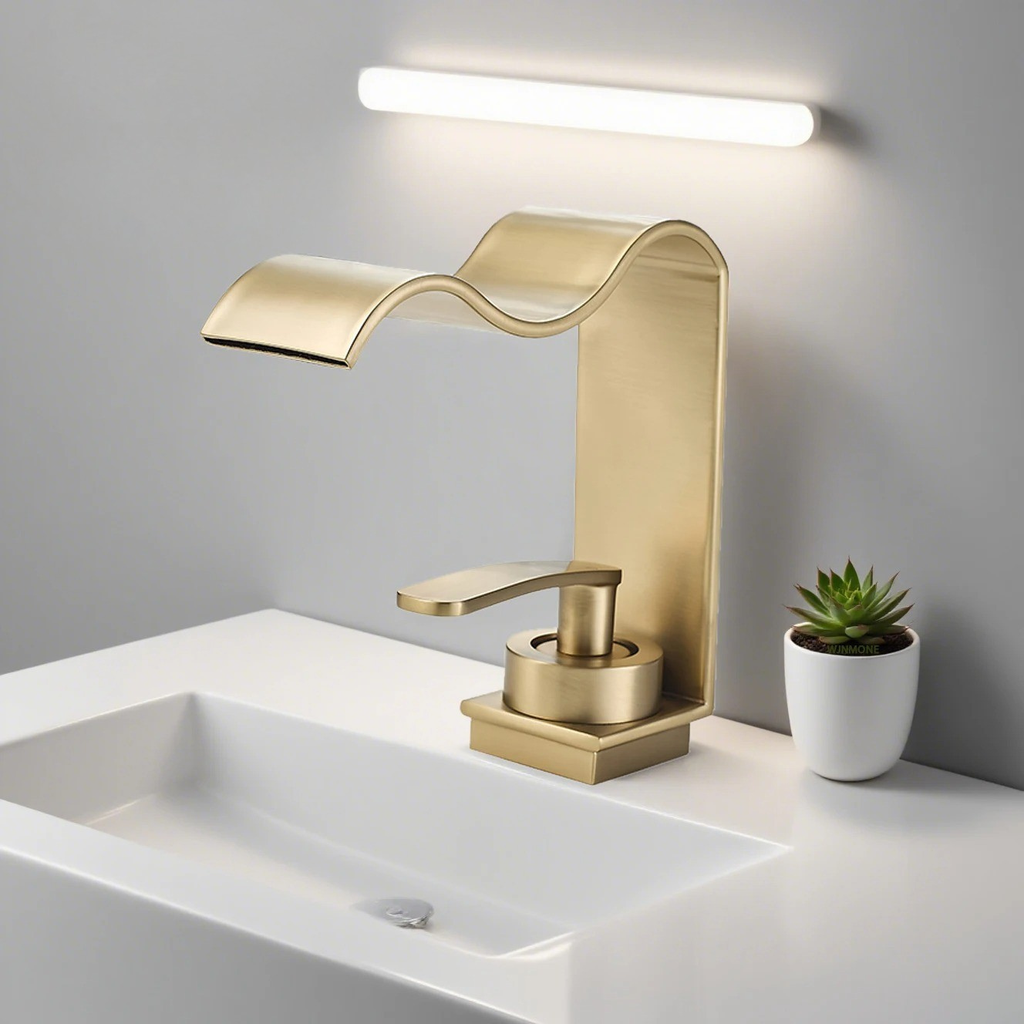Rubinetto da lavabo lussuoso – Design elegante a cascata | Rubinetto da bagno di alta qualità in ottone spazzolato