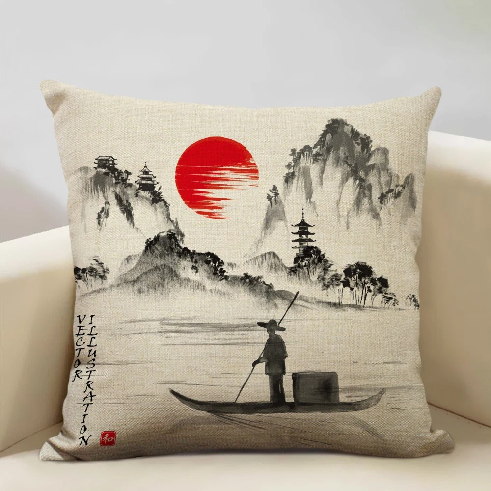 FujiVista – Fodera per cuscino con design Ukiyo-e del Monte Fuji per un arredamento artistico