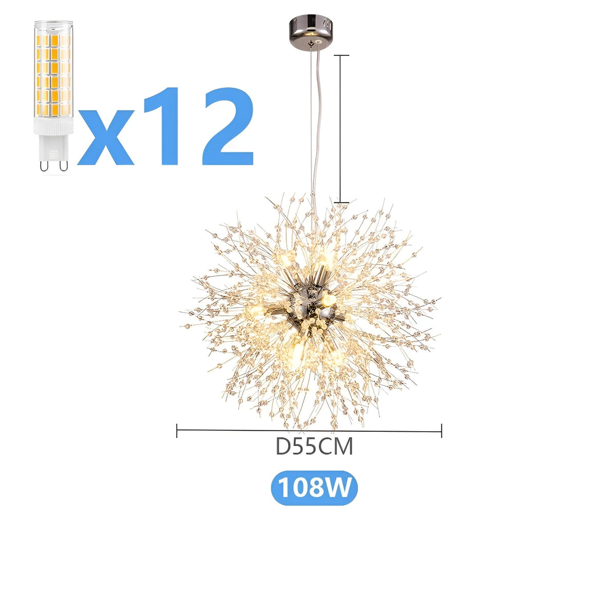 Lampadario LED con sfere di cristallo – Effetto Dente di Leone scintillante | Illuminazione elegante per soggiorno e sala da pranzo