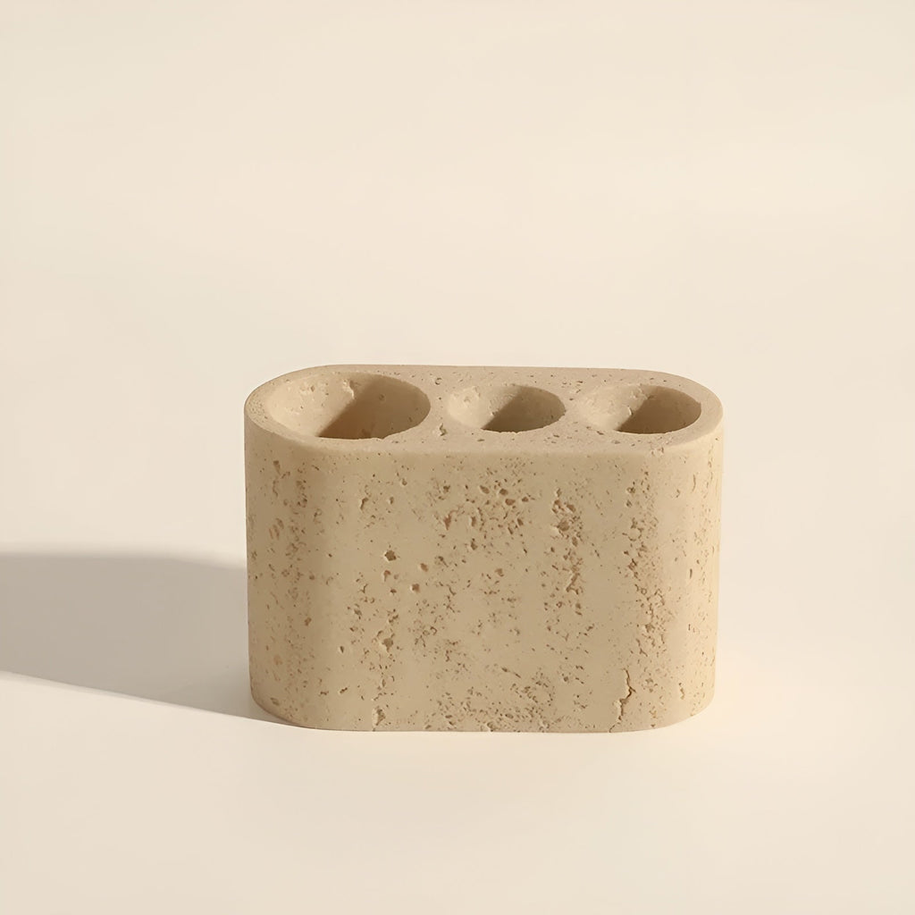 Porta spazzolini in pietra naturale – con dispenser di sapone e vassoio | Eleganti accessori da bagno in travertino