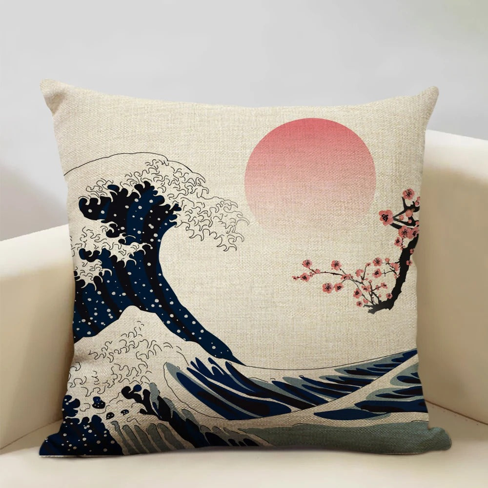 FujiVista – Fodera per cuscino con design Ukiyo-e del Monte Fuji per un arredamento artistico