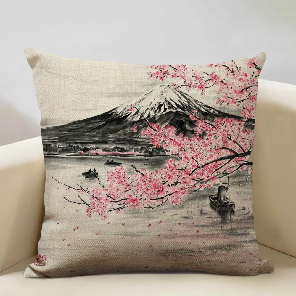 FujiVista – Fodera per cuscino con design Ukiyo-e del Monte Fuji per un arredamento artistico