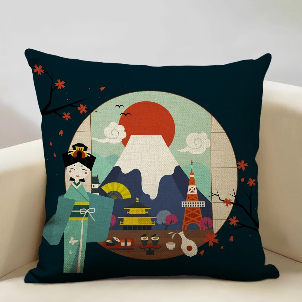 FujiVista – Fodera per cuscino con design Ukiyo-e del Monte Fuji per un arredamento artistico