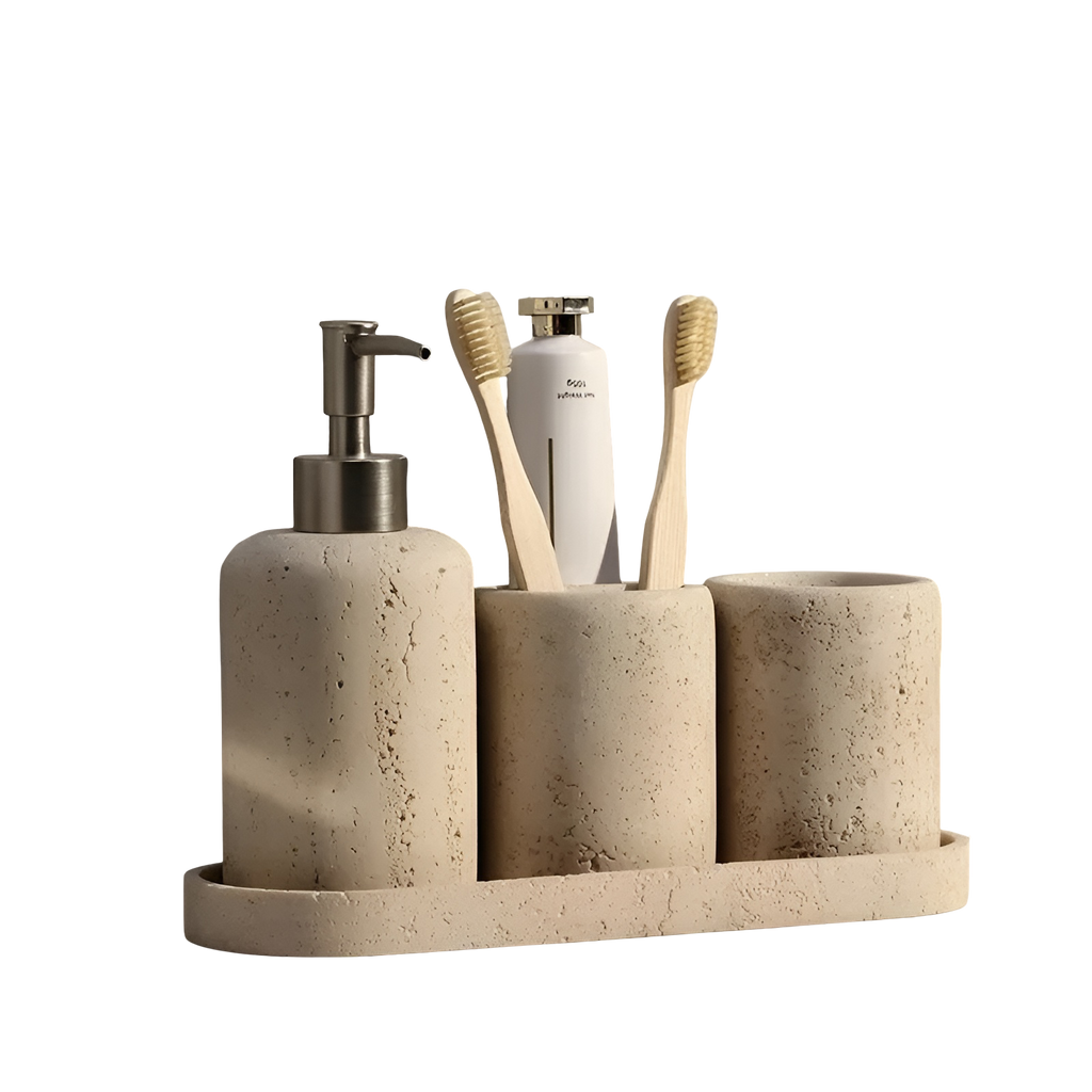 Porta spazzolini in pietra naturale – con dispenser di sapone e vassoio | Eleganti accessori da bagno in travertino
