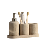 Porta spazzolini in pietra naturale – con dispenser di sapone e vassoio | Eleganti accessori da bagno in travertino