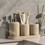 Porta spazzolini in pietra naturale – con dispenser di sapone e vassoio | Eleganti accessori da bagno in travertino