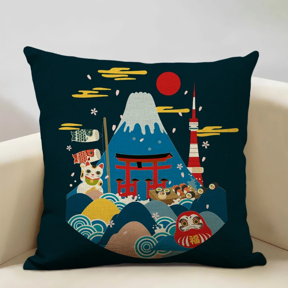 FujiVista – Fodera per cuscino con design Ukiyo-e del Monte Fuji per un arredamento artistico