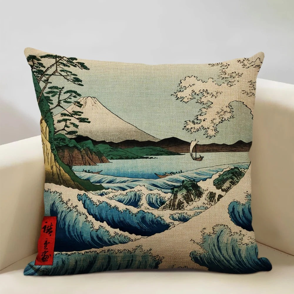FujiVista – Fodera per cuscino con design Ukiyo-e del Monte Fuji per un arredamento artistico
