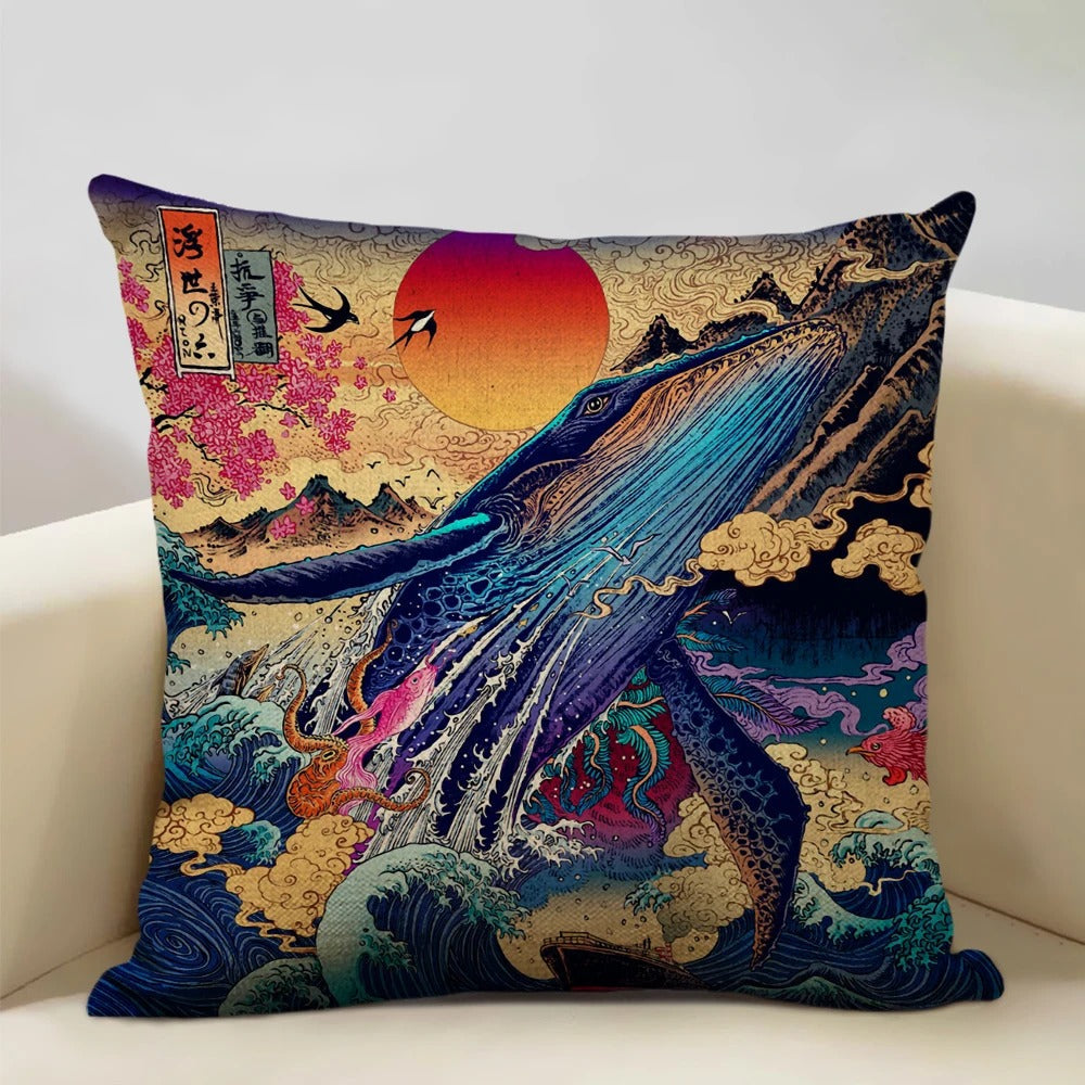 FujiVista – Fodera per cuscino con design Ukiyo-e del Monte Fuji per un arredamento artistico
