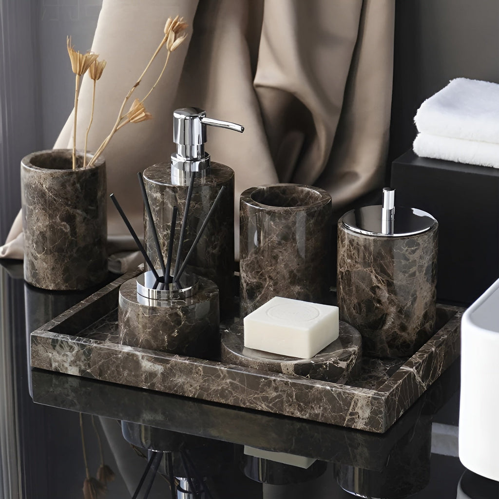 Set da bagno in marmo Emperador – Dispenser di sapone, porta sapone e accessorio per profumo di lusso | Accessori eleganti per il bagno