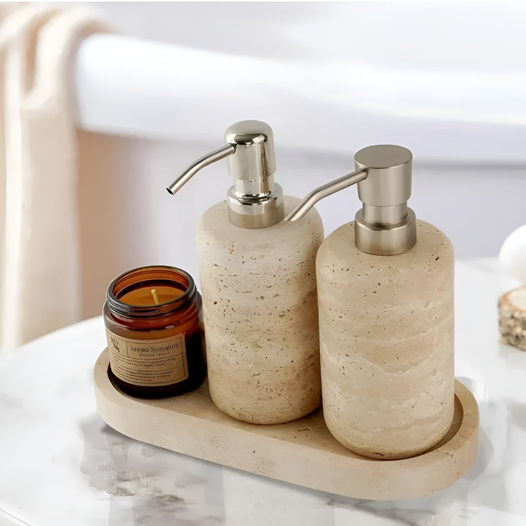 Porta spazzolini in pietra naturale – con dispenser di sapone e vassoio | Eleganti accessori da bagno in travertino