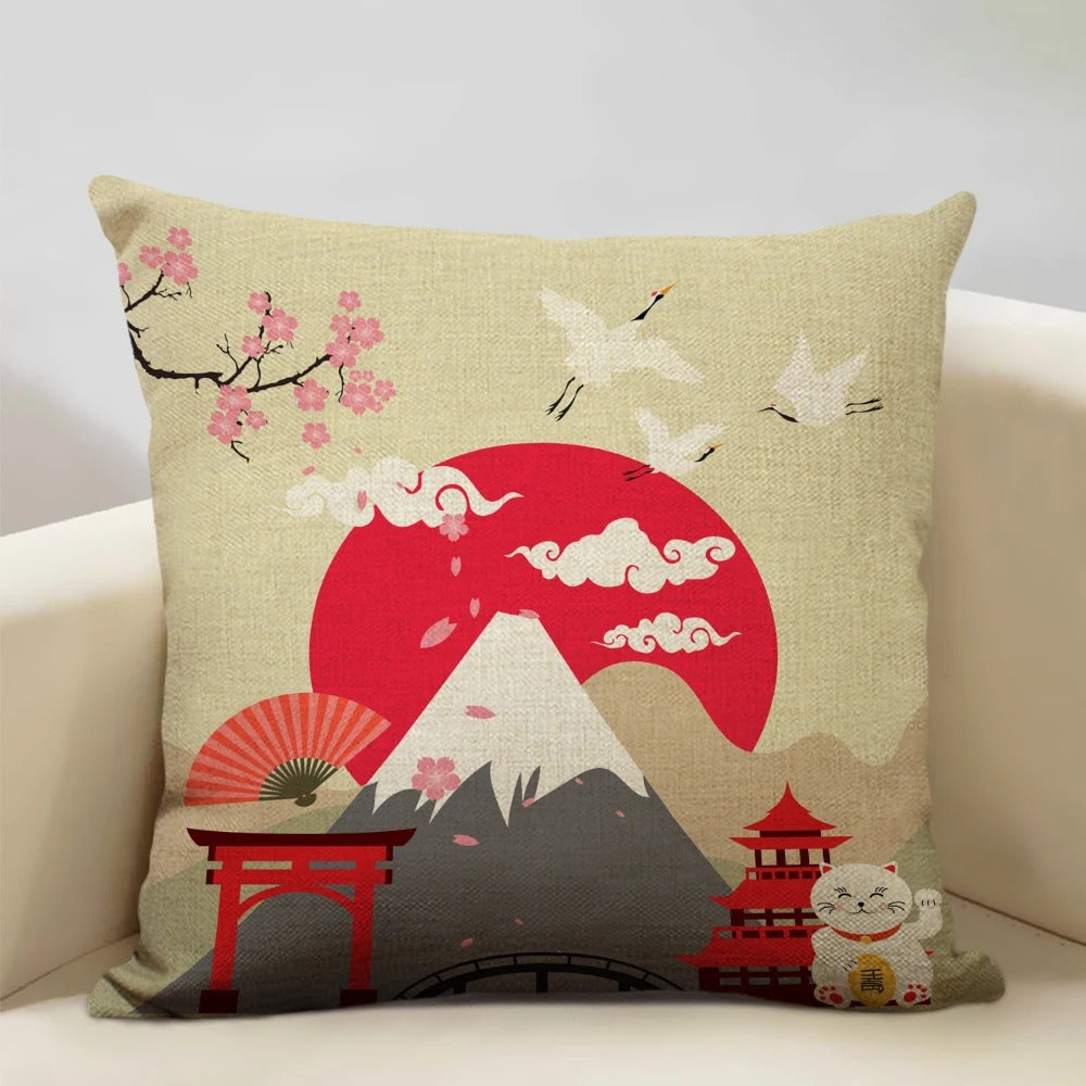 FujiVista – Fodera per cuscino con design Ukiyo-e del Monte Fuji per un arredamento artistico