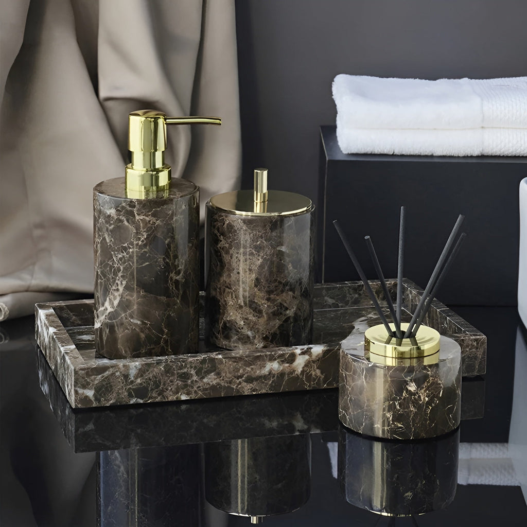 Set da bagno in marmo Emperador – Dispenser di sapone, porta sapone e accessorio per profumo di lusso | Accessori eleganti per il bagno
