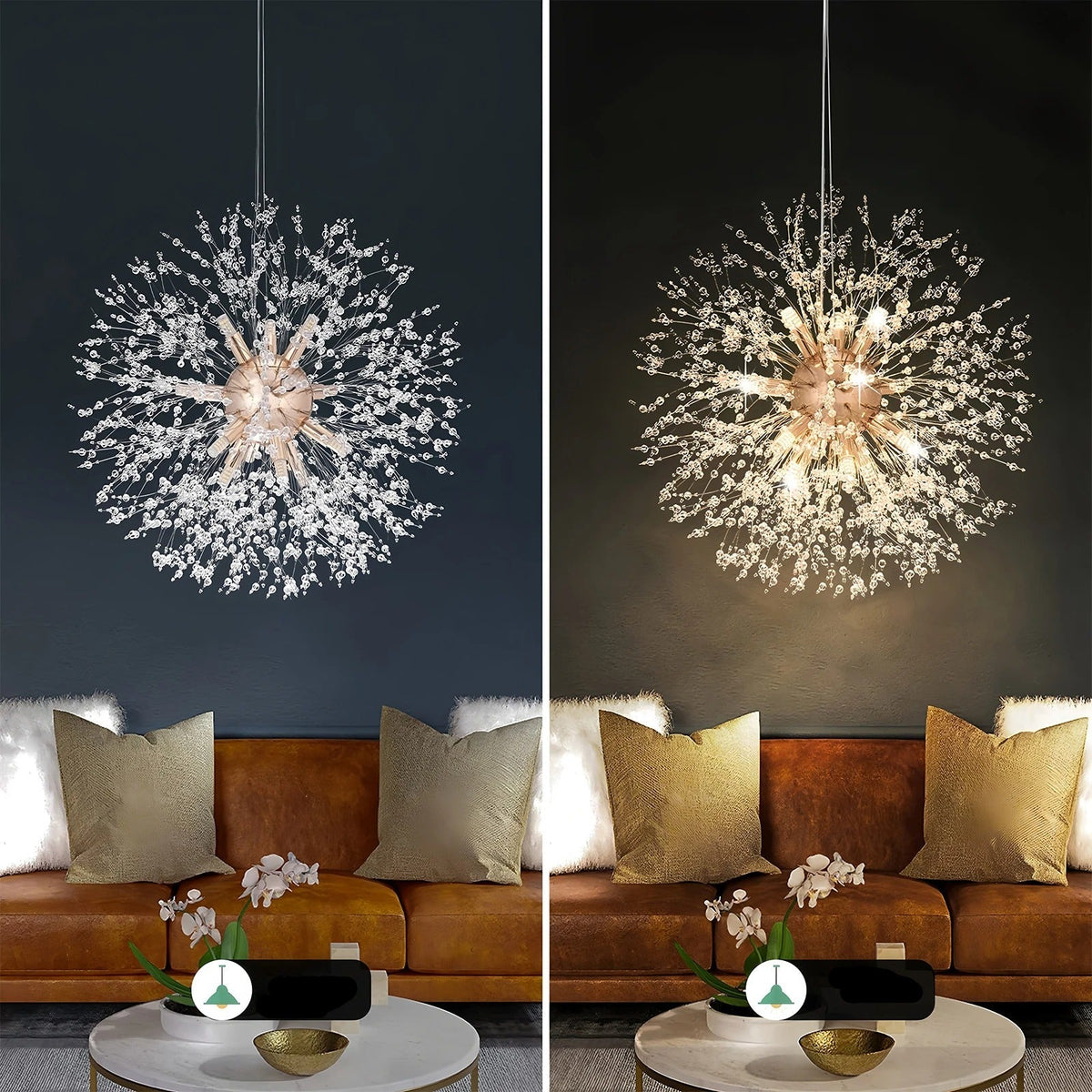 Lampadario LED con sfere di cristallo – Effetto Dente di Leone scintillante | Illuminazione elegante per soggiorno e sala da pranzo