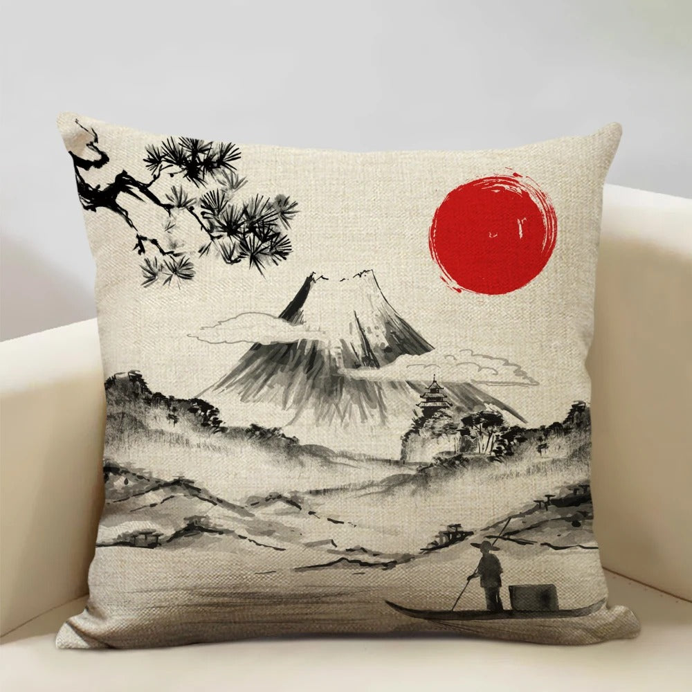 FujiVista – Fodera per cuscino con design Ukiyo-e del Monte Fuji per un arredamento artistico