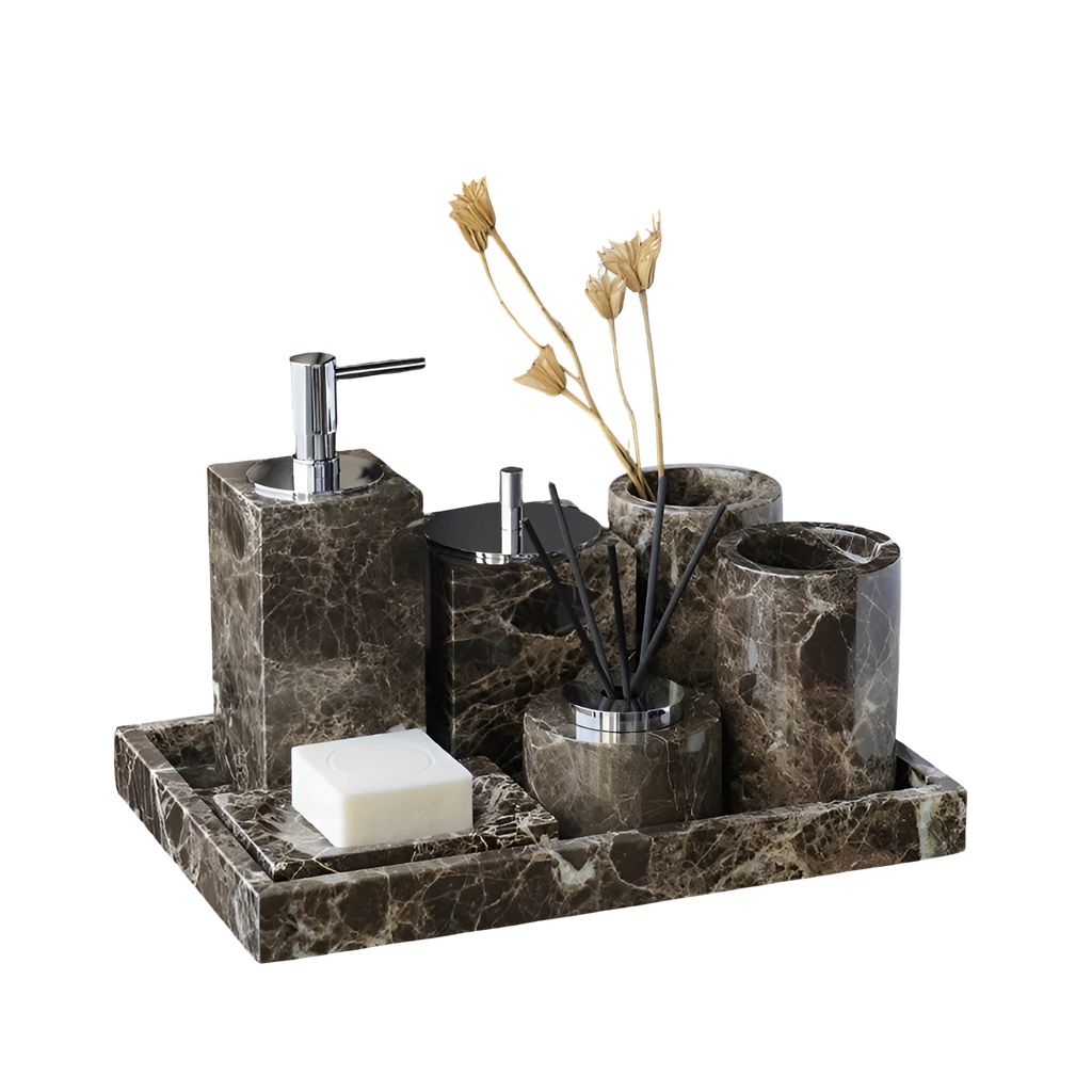 Set da bagno in marmo Emperador – Dispenser di sapone, porta sapone e accessorio per profumo di lusso | Accessori eleganti per il bagno