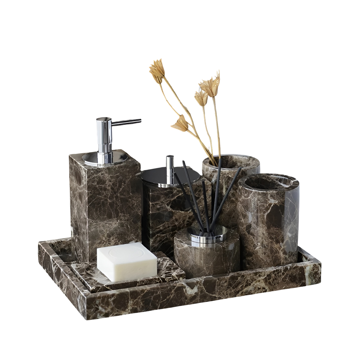 Set da bagno in marmo Emperador – Dispenser di sapone, porta sapone e accessorio per profumo di lusso | Accessori eleganti per il bagno