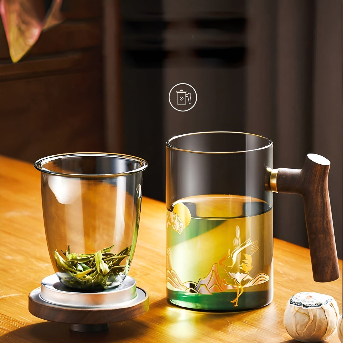 Tazza da tè in vetro con manico in legno – Resistente al calore & con filtro per tè | Ideale per la casa