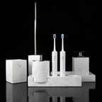 Set da Bagno in Marmo Bianco – Dispenser per Sapone, Porta Sapone, Spazzola per WC & Vassoio | Eleganti Accessori da Bagno