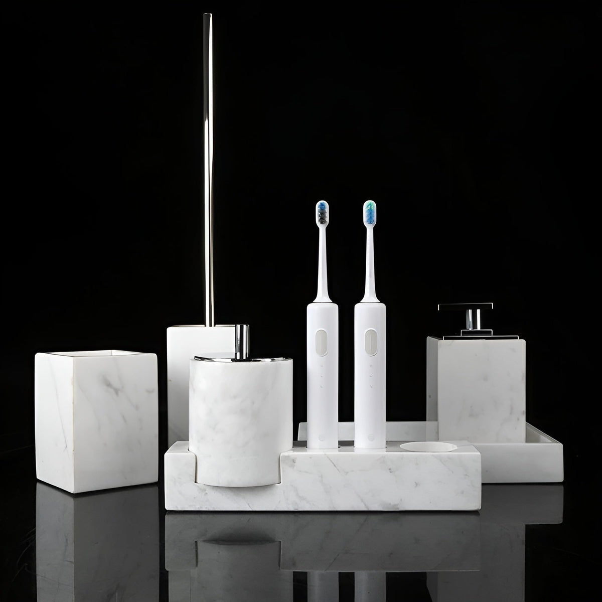 Set da Bagno in Marmo Bianco – Dispenser per Sapone, Porta Sapone, Spazzola per WC & Vassoio | Eleganti Accessori da Bagno