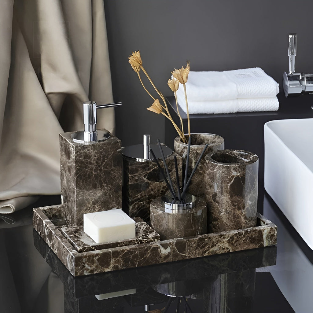 Set da bagno in marmo Emperador – Dispenser di sapone, porta sapone e accessorio per profumo di lusso | Accessori eleganti per il bagno
