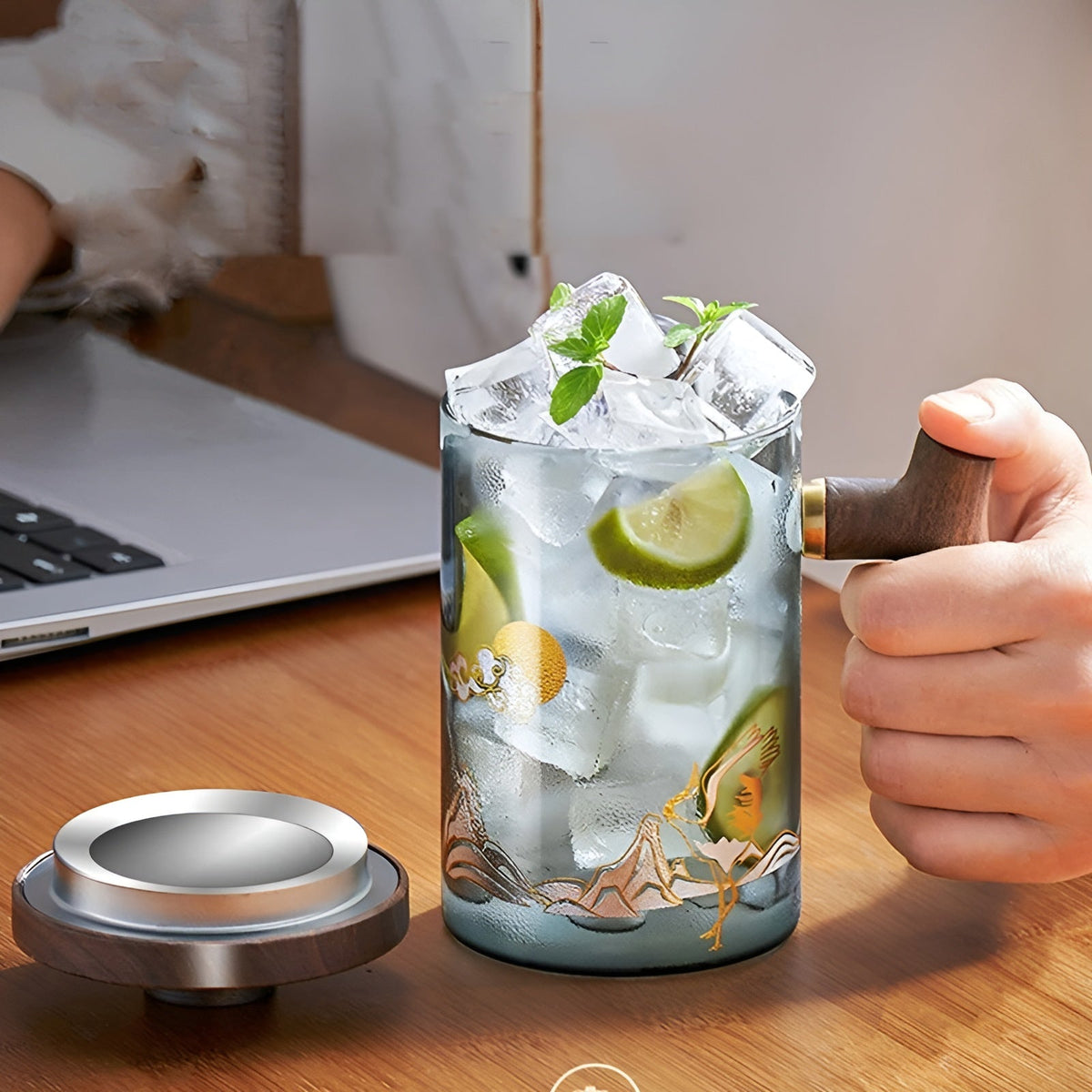 Tazza da tè in vetro con manico in legno – Resistente al calore & con filtro per tè | Ideale per la casa