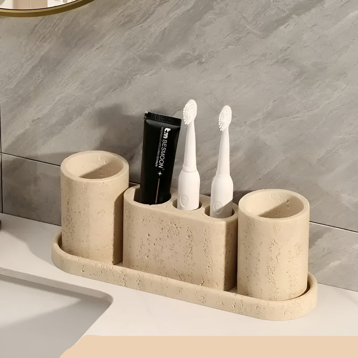 Porta spazzolini in pietra naturale – con dispenser di sapone e vassoio | Eleganti accessori da bagno in travertino