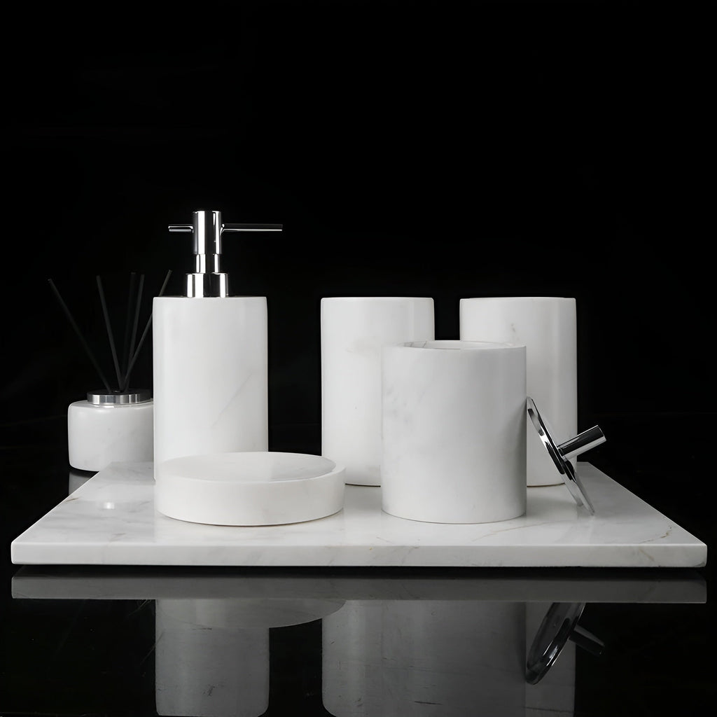 Set da Bagno in Marmo Bianco – Dispenser per Sapone, Porta Sapone, Spazzola per WC & Vassoio | Eleganti Accessori da Bagno