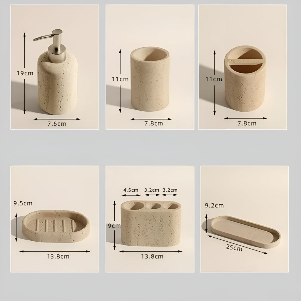 Porta spazzolini in pietra naturale – con dispenser di sapone e vassoio | Eleganti accessori da bagno in travertino