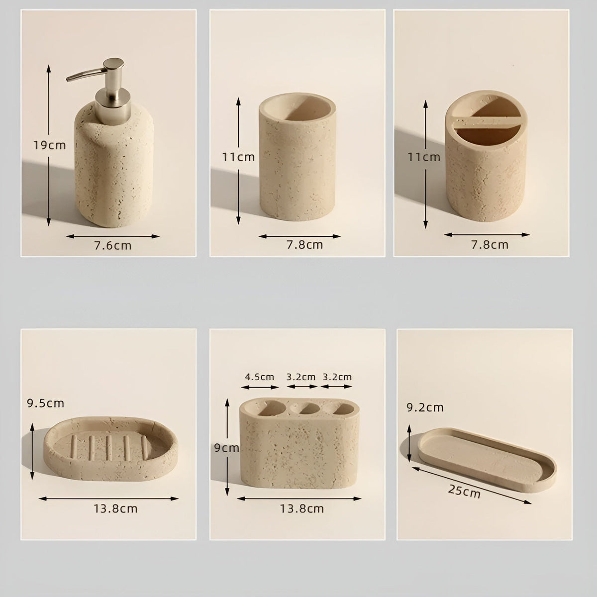 Porta spazzolini in pietra naturale – con dispenser di sapone e vassoio | Eleganti accessori da bagno in travertino