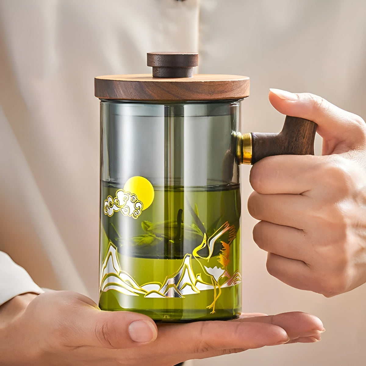 Tazza da tè in vetro con manico in legno – Resistente al calore & con filtro per tè | Ideale per la casa