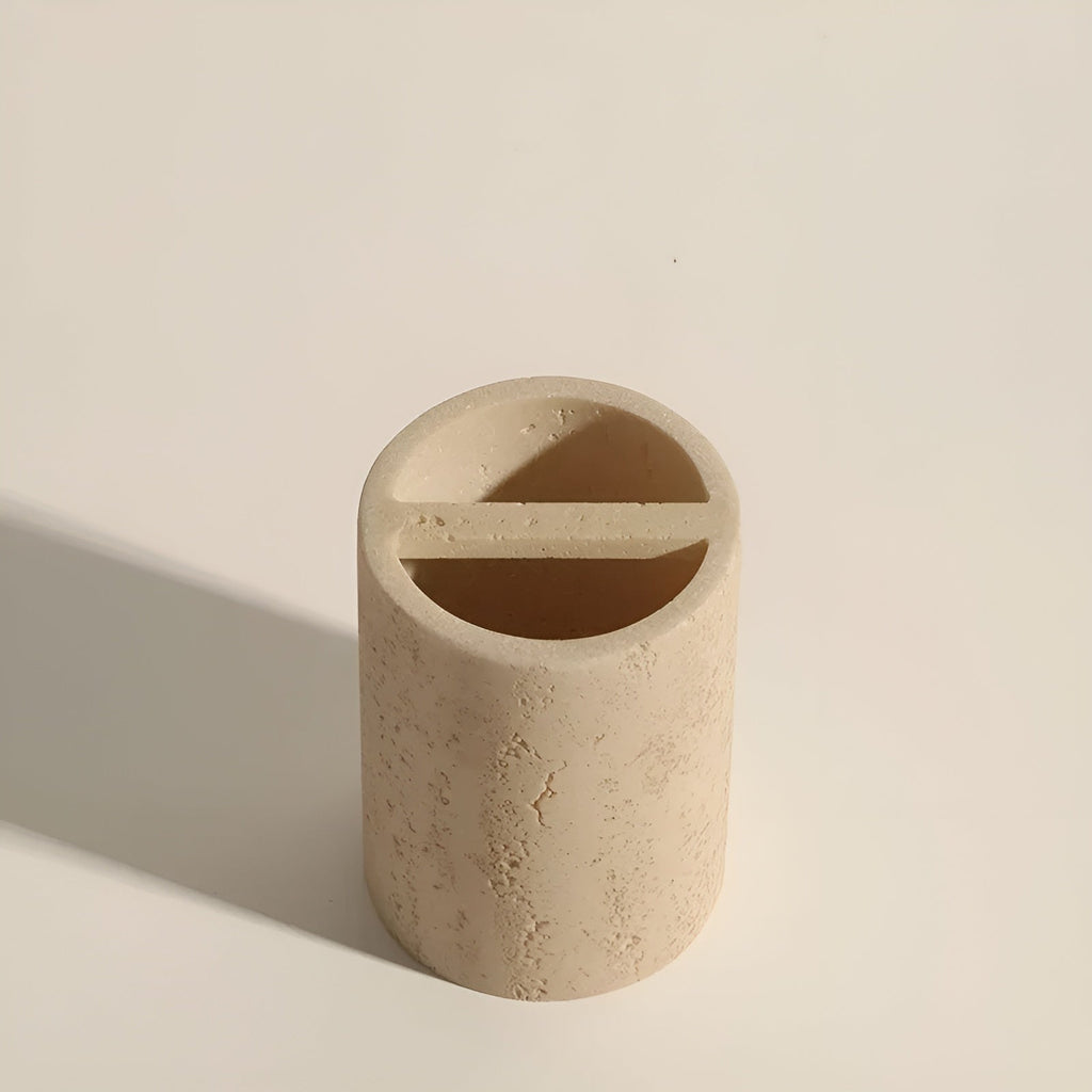 Porta spazzolini in pietra naturale – con dispenser di sapone e vassoio | Eleganti accessori da bagno in travertino