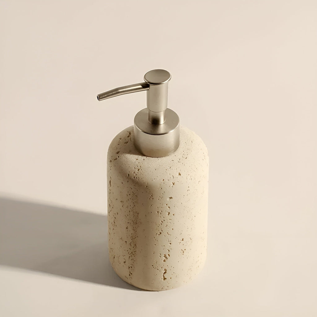 Porta spazzolini in pietra naturale – con dispenser di sapone e vassoio | Eleganti accessori da bagno in travertino