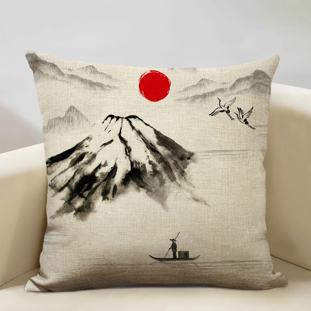 FujiVista – Fodera per cuscino con design Ukiyo-e del Monte Fuji per un arredamento artistico