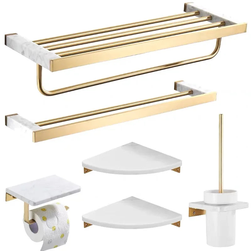 Set di accessori per doccia da bagno in marmo e ottone di lusso con finitura oro spazzolato