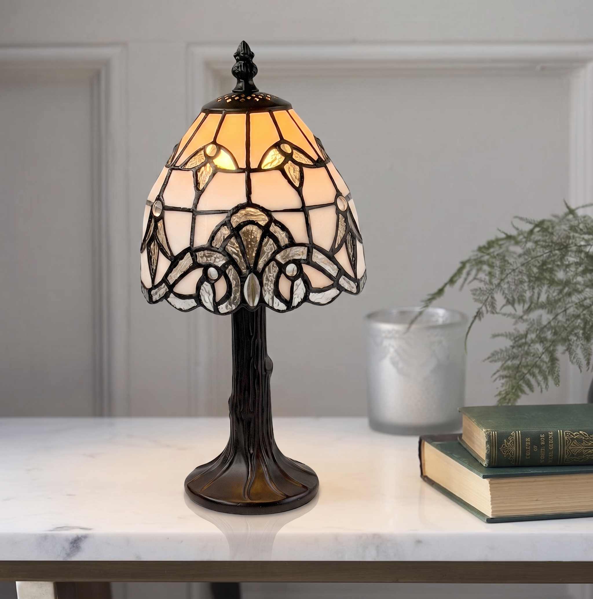 Lampada da Tavolo Morcott Tiffany Bianco e Argento 15cm