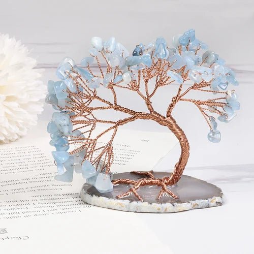 Albero Decorativo in Pietra Preziosa Acquamarina — Scultura Minerale Artigianale con Rami in Filo di Rame e Base in Pietra Naturale | Sansoti