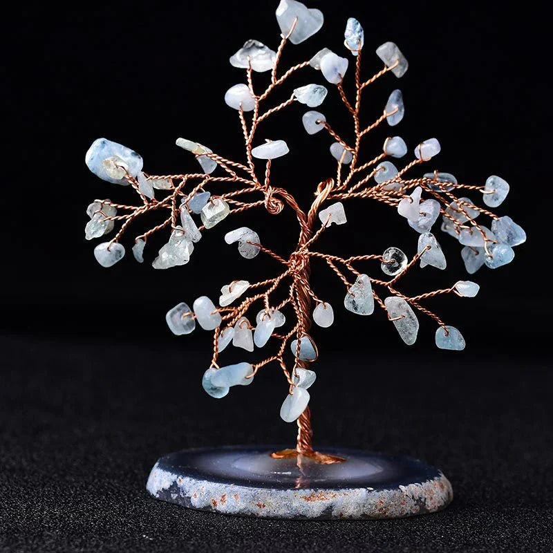 Albero Decorativo in Pietra Preziosa Acquamarina — Scultura Minerale Artigianale con Rami in Filo di Rame e Base in Pietra Naturale | Sansoti