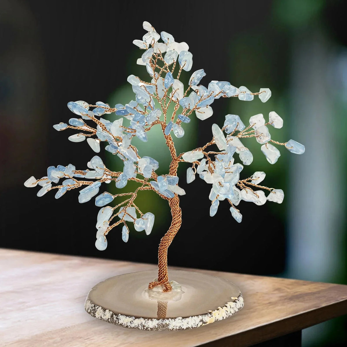 Albero Decorativo in Pietra Preziosa Acquamarina — Scultura Minerale Artigianale con Rami in Filo di Rame e Base in Pietra Naturale | Sansoti