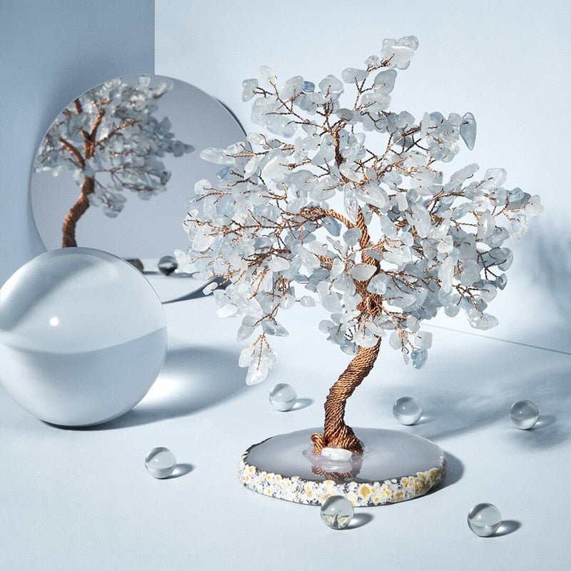 Albero Decorativo in Pietra Preziosa Acquamarina — Scultura Minerale Artigianale con Rami in Filo di Rame e Base in Pietra Naturale | Sansoti