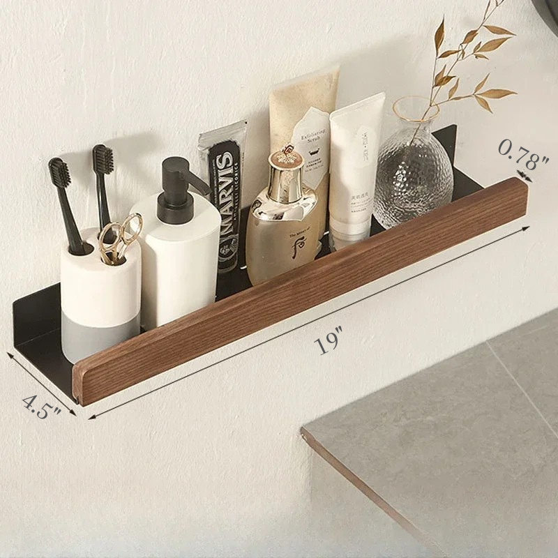 Mensola da Bagno a Muro in Legno Massello Senza Fori per Doccia e Organizer per Toilette