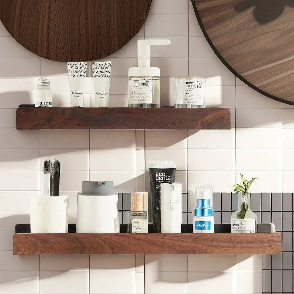 Mensola da Bagno a Muro in Legno Massello Senza Fori per Doccia e Organizer per Toilette