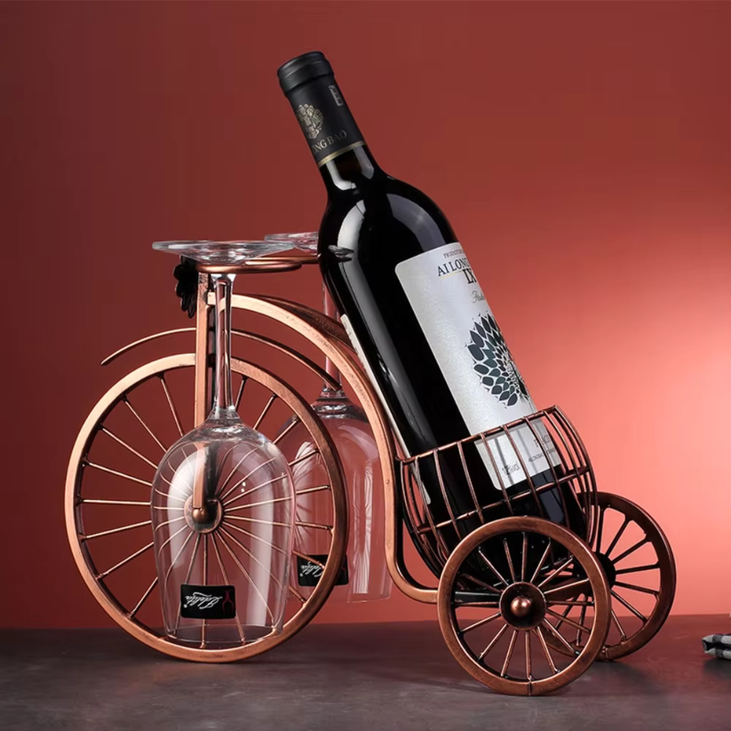 PedalPress - Vino Vintage Supporto con Bicicletta a Tre Ruote e Portabicchieri