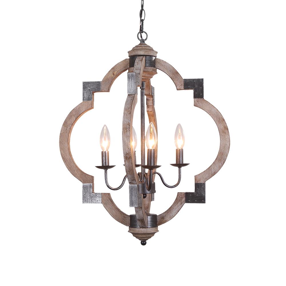 Lampadario a lanterna rotondo in legno rustico con 4 luci