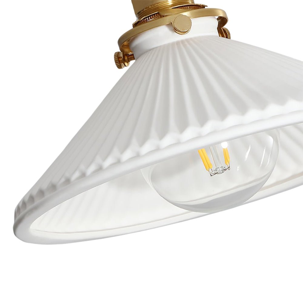 1-Luce Ceramica Bianca Vintage Pendente Conico Pieghettato