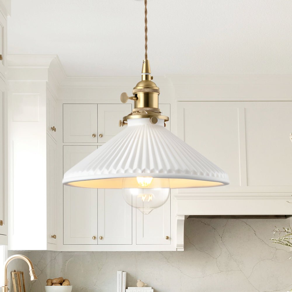 1-Luce Ceramica Bianca Vintage Pendente Conico Pieghettato